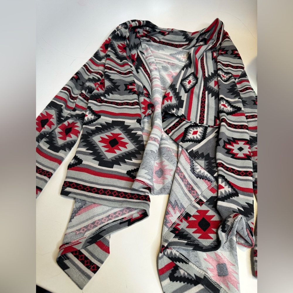 Aztec Print Open-Front Women's Sweater Cardigan - Gray/Red/Black - Picture 4 of 4